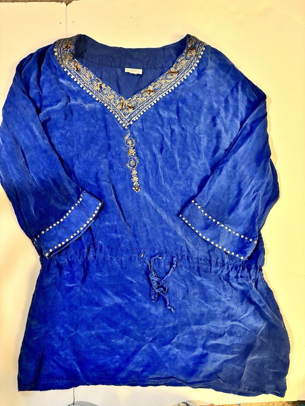 J. Jill Royal Blue Gold Beads Sequined Tunic Blouse V-Neck Soft Texture Size “S”